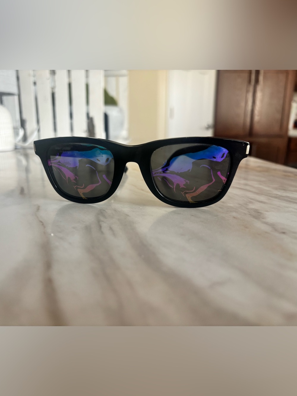 Saint Laurent Black Frame Sunglasses with Purple Mirrored Lenses - Picture 4 of 12